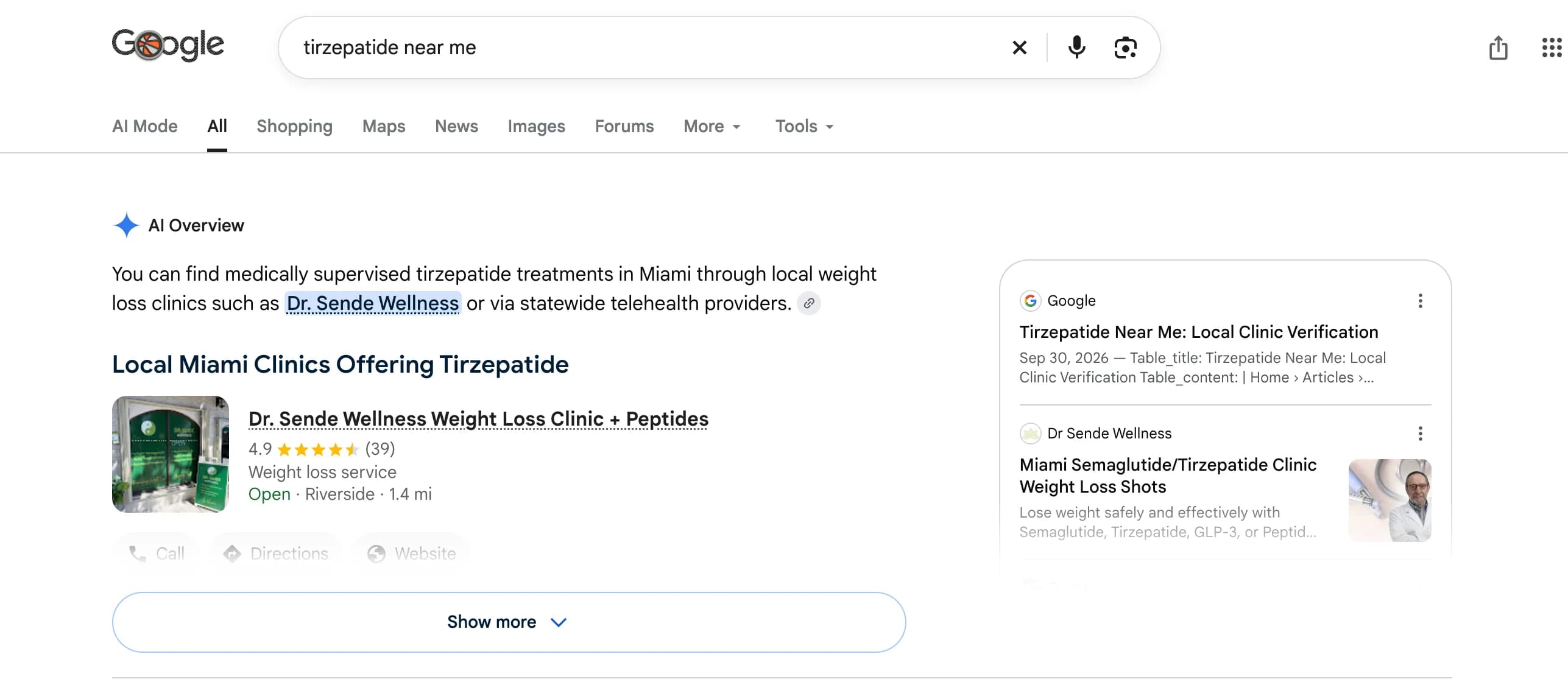 Google AI Overview for “tirzepatide near me” naming Dr. Sende Wellness, with the clinic's 4.9-star local listing and Call, Directions and Website buttons
