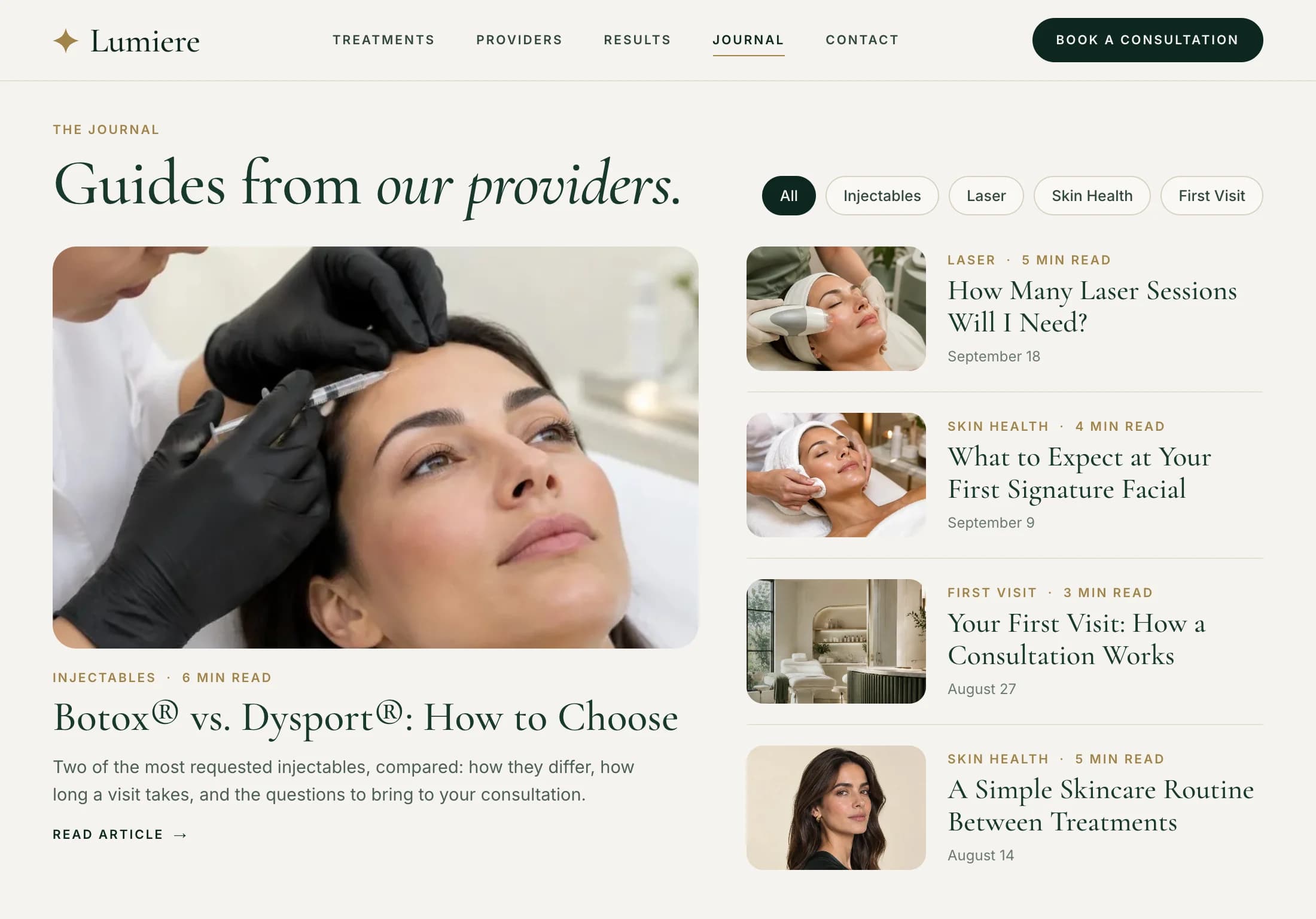 Journal page of the Lumiere Med Spa website: a featured article comparing Botox and Dysport beside four more guides on laser sessions, a first facial, a first consultation and a skincare routine
