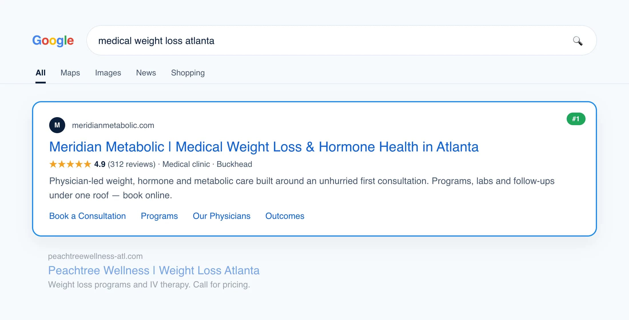 Google results for “medical weight loss atlanta” with Meridian Metabolic in the #1 organic position, 4.9 stars and sitelinks