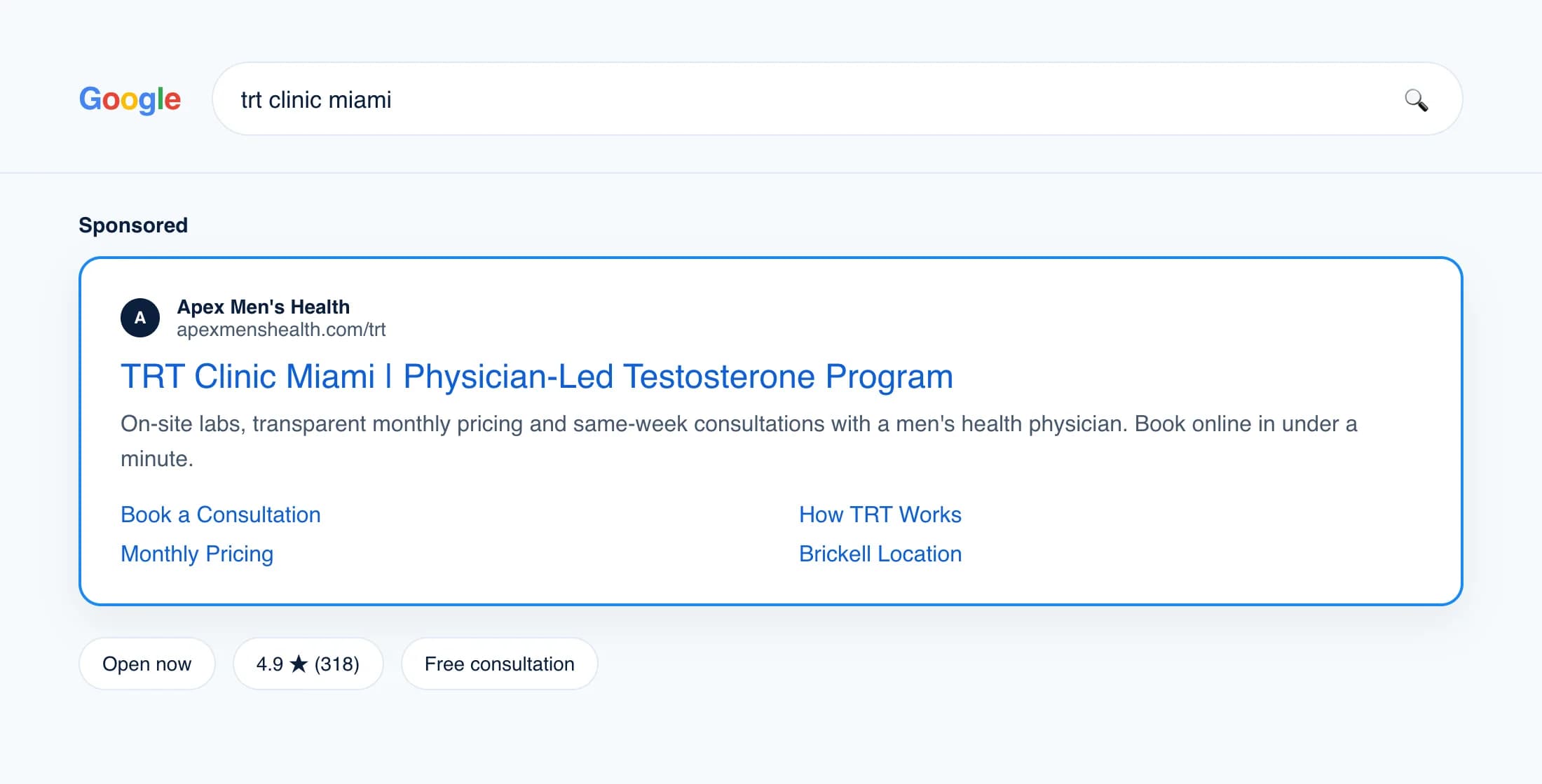 Google search ad for “trt clinic miami”: Apex Men's Health, physician-led testosterone program, with four sitelinks
