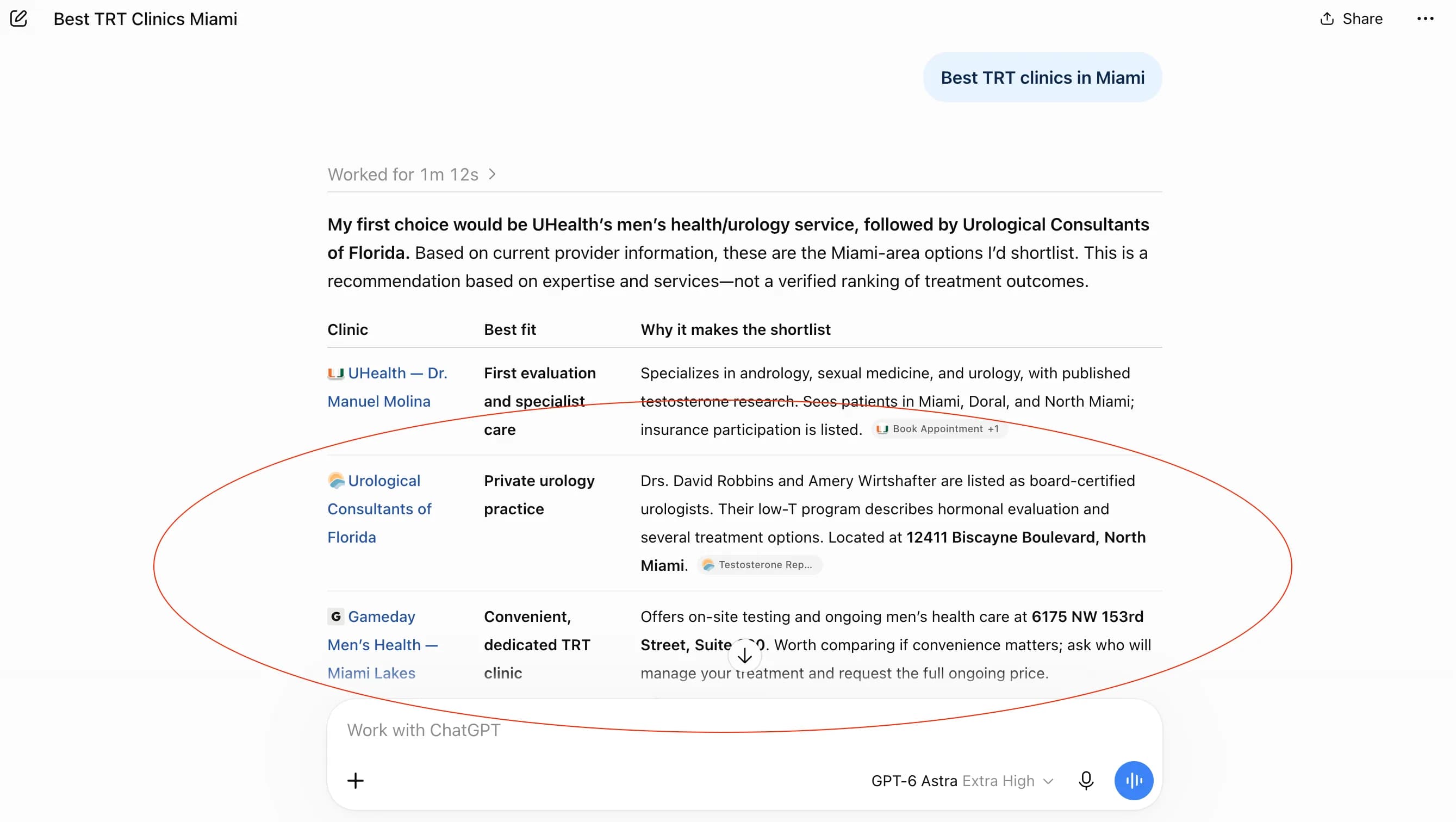 ChatGPT answering “Best TRT clinics in Miami” with a shortlist of three clinics, two of them circled in red as the recommended options