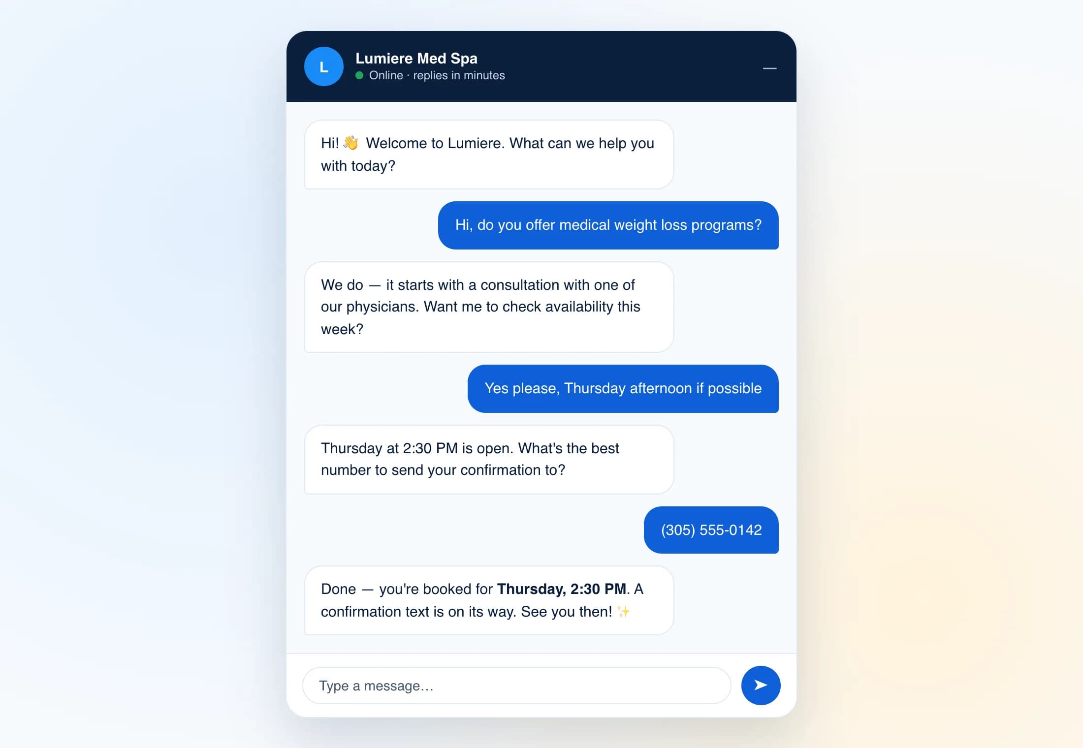 Live chat window on a clinic website: a visitor asks about medical weight loss programs and is booked for a Thursday 2:30 PM consultation in five messages
