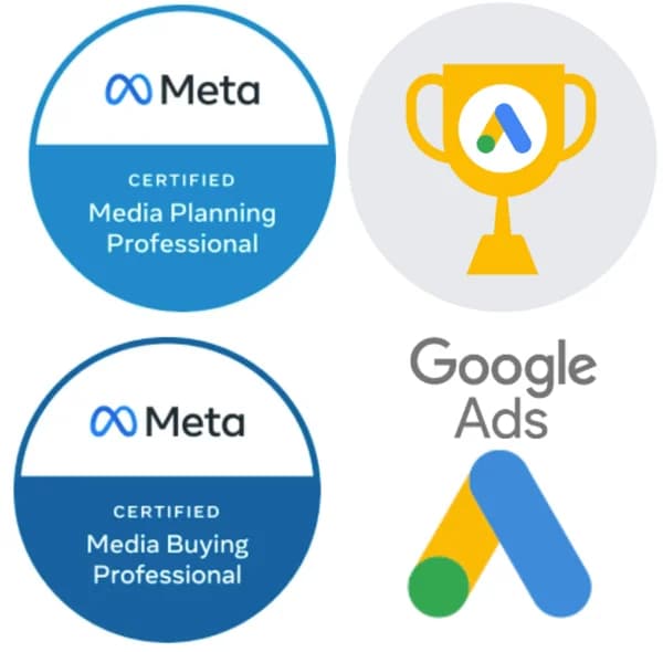 Meta Certified Media Planning Professional and Media Buying Professional badges with the Google Ads logo