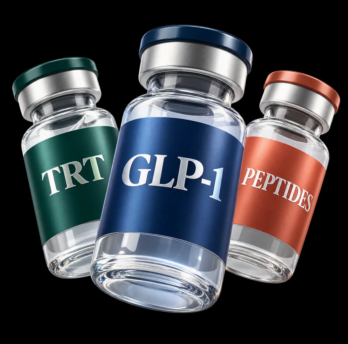 Medical treatment vials labeled TRT, GLP-1, and Peptides
