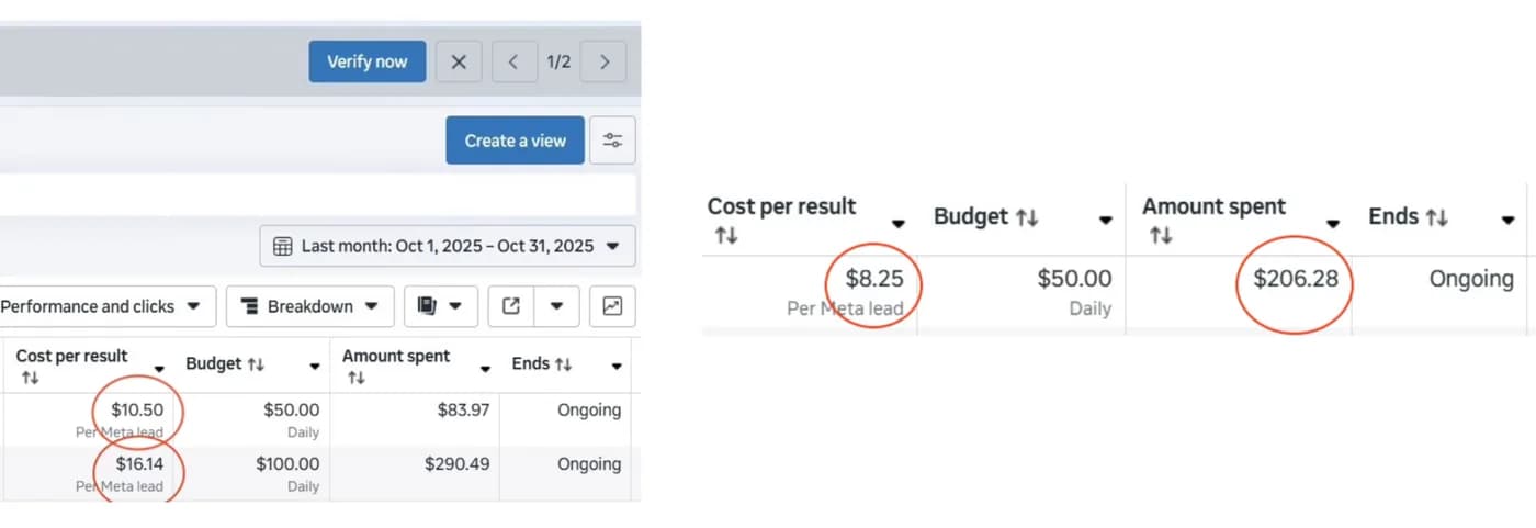 Meta Ads Manager showing $10.50, $16.14 and $8.25 cost per lead on ongoing campaigns with $50–$100 daily budgets