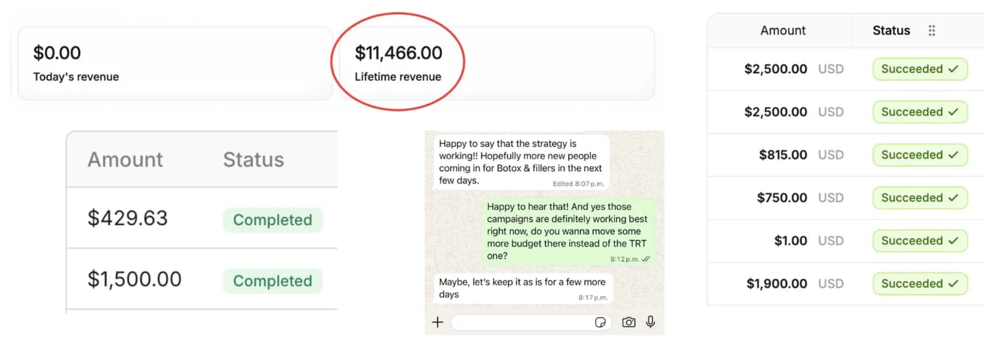 $11,466 lifetime revenue and succeeded payment records beside a clinic's message that the strategy is working