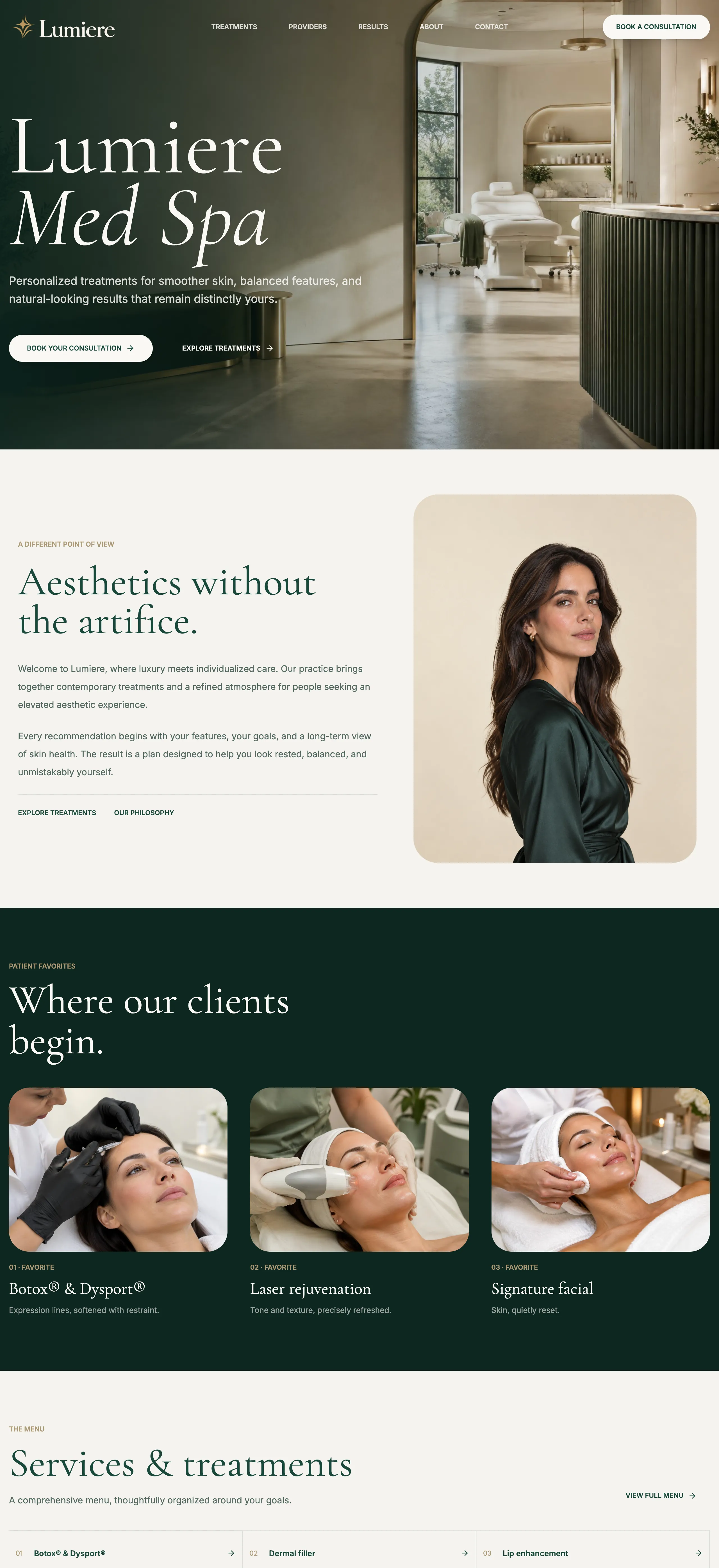 Full homepage of the Lumiere Med Spa website — hero, signature treatments, services menu, concerns list, client reviews, results and consultation form