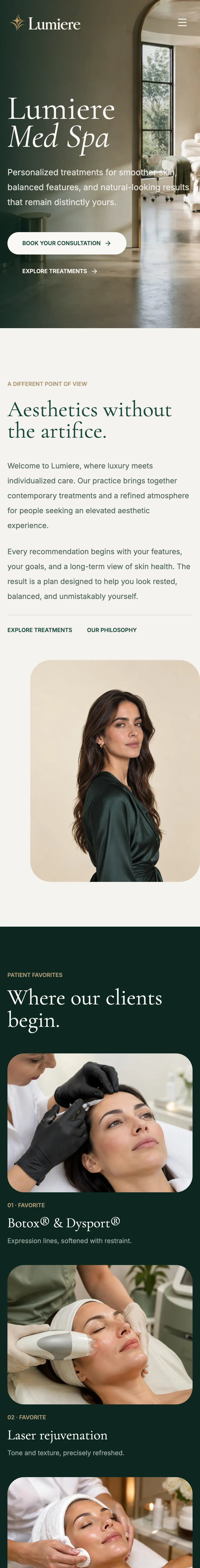 Full homepage of the Lumiere Med Spa website — hero, signature treatments, services menu, concerns list, client reviews, results and consultation form