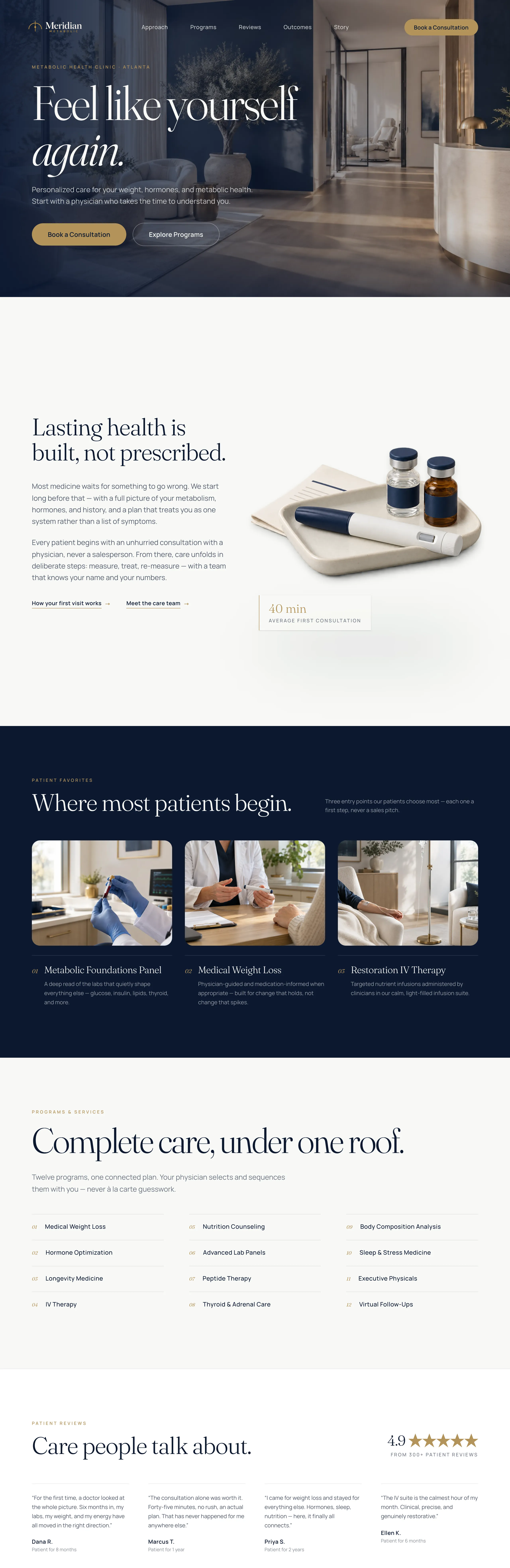 Full homepage of the Meridian Metabolic clinic website — hero, treatment programs, care menu, patient reviews, provider story and consultation request form