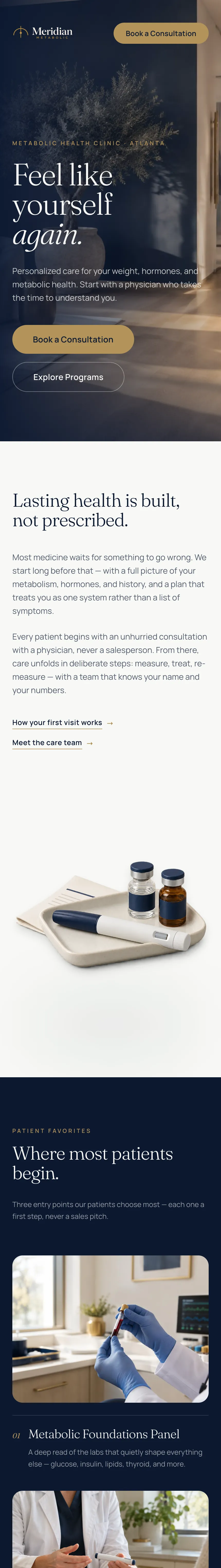 Full homepage of the Meridian Metabolic clinic website — hero, treatment programs, care menu, patient reviews, provider story and consultation request form